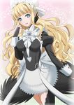  alternate_costume apron bangs blonde_hair blue_eyes bow charlotte_(fire_emblem_if) curly_hair enmaided fire_emblem fire_emblem_if highres kakiko210 long_hair maid maid_apron maid_headdress open_mouth pink_background solo 