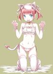  animal_ears bell bell_choker bra cat_cutout cat_ears cat_lingerie cat_tail choker claw_pose cleavage_cutout frilled_bra frills green_eyes highres jingle_bell kowiru md5_mismatch meme_attire navel original panties red_hair short_hair side-tie_panties solo tail thighhighs underwear underwear_only white_bra 