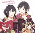  1girl 2016 ahoge artist_name black_hair book character_name closed_eyes dinikee dual_persona fire_emblem fire_emblem:_kakusei gloves hair_between_eyes happy_birthday height_difference hood hooded_jacket jacket laughing mark_(female)_(fire_emblem) mark_(fire_emblem) mark_(male)_(fire_emblem) open_mouth short_hair smile sword weapon 