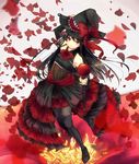  bare_shoulders black_dress black_footwear black_hair black_legwear boots bow camellia detached_sleeves dress flower frills full_body gudon_(syotakond) hat long_hair looking_at_viewer original pantyhose petals red_eyes sash solo thigh_boots thighhighs wand witch witch_hat 