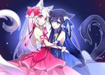  animal_ears bare_shoulders black_hair blue_eyes cat_ears cat_tail dress highres kawasaki_toiro long_hair multiple_girls original red_eyes tail white_hair 