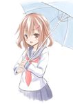  blush brown_eyes brown_hair commentary_request fang fujishima_shinnosuke hair_ornament hairclip holding holding_umbrella ikazuchi_(kantai_collection) kantai_collection long_sleeves looking_at_viewer neckerchief open_mouth red_neckwear school_uniform serafuku short_hair solo umbrella white_background 