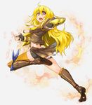  :o bike_shorts blonde_hair boots bracer breasts brown_footwear cleavage fire knee_boots long_hair looking_at_viewer looking_back medium_breasts miniskirt navel purple_eyes running rwby ryota_tentei single_thighhigh skirt solo thighhighs toned v-shaped_eyebrows wavy_hair yang_xiao_long 