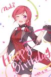  2016 ;d alternate_hairstyle black_bow bow breasts character_name confetti dated english gloves hair_bow happy_birthday hat hat_removed hatagaya headwear_removed heart highres holding holding_hat jacket love_live! love_live!_school_idol_project medium_breasts nishikino_maki number one_eye_closed open_clothes open_jacket open_mouth purple_eyes red_hair red_shirt ribbon shirt simple_background smile solo striped striped_shirt top_hat white_background white_gloves 
