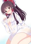  bangs blush bow breasts brown_eyes brown_hair eyebrows eyebrows_visible_through_hair givuchoko hair_bow hair_tubes hakurei_reimu highres long_hair long_sleeves looking_at_viewer medium_breasts naked_shirt red_bow seiza shirt sidelocks simple_background sitting solo touhou white_background white_shirt 