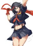  arm_up black_eyes black_hair black_skirt cowboy_shot gloves kill_la_kill looking_at_viewer matoi_ryuuko midriff miniskirt multicolored_hair navel pleated_skirt puffy_short_sleeves puffy_sleeves red_gloves red_hair school_uniform scissor_blade senketsu serafuku short_hair short_sleeves single_glove skirt smile solo streaked_hair suspenders three_k_(spiritus_no_honoo) two-tone_hair white_background 