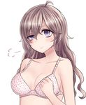  ahoge bra breasts brown_hair cleavage clenched_hand commentary_request hair_between_eyes highres long_hair looking_at_viewer medium_breasts neit_ni_sei original pout puffy_cheeks purple_eyes solo text_print translated underwear uneven_eyes visible_air 