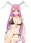  alternate_costume animal_ears areolae arm_support bikini black_bikini breasts breasts_outside bunny_ears highres large_breasts licking_lips long_hair navel nipples one_breast_out purple_hair red_eyes reisen_udongein_inaba side-tie_bikini solo stomach strap_slip swimsuit tongue tongue_out touhou yukina_(masyumaro610) 