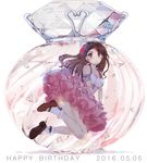  2016 air_bubble arm_garter blush bottle bow brown_eyes brown_footwear brown_hair bubble collarbone dated dress earrings english eyebrows eyebrows_visible_through_hair flower frills full_body hair_bow hair_flower hair_ornament happy_birthday heart highres idolmaster idolmaster_(classic) in_container jewelry long_hair mary_janes minase_iori partially_submerged perfume_bottle pink_flower pink_rose purple_bow purple_flower purple_rose ribbon_trim ricca rose shoes simple_background sleeveless sleeveless_dress socks solo white_background white_legwear 