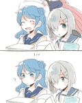  3girls :d ? ^_^ bare_shoulders blue_eyes blue_hair blush closed_eyes comic double_bun hair_ornament hair_over_one_eye hairclip hamakaze_(kantai_collection) hat hat_removed headwear_removed itomugi-kun kantai_collection long_hair long_sleeves looking_to_the_side multiple_girls open_mouth out_of_frame papers pink_hair sailor_hat school_uniform serafuku short_hair silver_hair simple_background smile urakaze_(kantai_collection) uzuki_(kantai_collection) white_background white_hat 