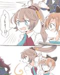  &gt;_&lt; 4girls akigumo_(kantai_collection) alternate_eye_color blouse blue_eyes blush brown_hair closed_eyes comic grabbing grabbing_from_behind green_eyes hair_ornament hair_ribbon hand_on_another's_cheek hand_on_another's_face itomugi-kun jacket kantai_collection kazagumo_(kantai_collection) kisaragi_(kantai_collection) long_hair long_sleeves looking_to_the_side multiple_girls necktie open_mouth out_of_frame ponytail purple_hair remodel_(kantai_collection) ribbon school_uniform serafuku surprised uzuki_(kantai_collection) white_blouse 