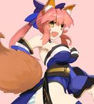  animal_ears blue_legwear breasts detached_sleeves dh_ead fang fate/extra fate_(series) fox_ears fox_tail hair_ribbon highres japanese_clothes large_breasts looking_at_viewer open_mouth panties pink_background pink_hair ribbon simple_background solo striped striped_panties tail tamamo_(fate)_(all) tamamo_no_mae_(fate) underwear yellow_eyes 