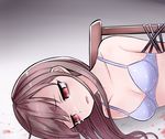  bound bound_arms bra breasts brown_hair chair commentary_request crying crying_with_eyes_open empty_eyes highres long_hair lying neit_ni_sei on_side open_mouth original red_eyes small_breasts solo tears underwear 