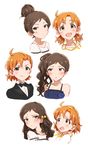  alternate_costume alternate_hairstyle black_hair brown_eyes dani-ikapi dress embarrassed formal hair_bun hair_ribbon idolmaster idolmaster_million_live! kitazawa_shiho long_hair multiple_girls orange_eyes orange_hair ponytail ribbon short_hair side_ponytail smile suit surprised tuxedo twintails white_background yabuki_kana 