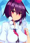  blue_background blush breasts covered_nipples hat looking_at_viewer medium_breasts mikan_(bananoha) pom_pom_(clothes) puffy_sleeves purple_hair red_eyes shameimaru_aya shirt short_hair short_sleeves solo string tokin_hat touhou upper_body 