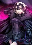  arm_up armor armored_dress artist_name belt black_cape black_dress black_legwear blonde_hair breasts cape chain cowboy_shot dress fate/grand_order fate_(series) fire flag fur_trim gauntlets hair_between_eyes headpiece highres holding jeanne_d'arc_(alter)_(fate) jeanne_d'arc_(fate)_(all) looking_at_viewer medium_breasts parted_lips short_hair signature smile smirk solo sword thighhighs twitter_username weapon yellow_eyes yusuki_(fukumen) 