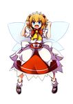  absurdres ascot baba_(baba_seimaijo) blue_eyes brown_hair fairy fairy_wings fang full_body hair_ornament highres obi open_mouth orange_hair puffy_short_sleeves puffy_sleeves red_skirt sash short_sleeves skirt solo sunny_milk tachi-e touhou transparent_background wings 