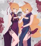  2girls :p absurdres adapted_costume alternate_hairstyle animal_ears artist_name bangs bare_legs bare_shoulders blonde_hair blue_dress breasts china_dress chinese_clothes cleavage cleavage_cutout commentary_request cross-laced_clothes dress eyebrows_visible_through_hair fan feet_out_of_frame folding_fan fox_ears gloves grey_background hair_between_eyes hair_bun hair_ribbon hand_up head_tilt highres holding holding_fan large_breasts looking_at_viewer medium_breasts multiple_girls no_hat no_headwear open_mouth petals purple_dress purple_footwear red_eyes red_ribbon ribbon shiny shiny_skin shoes short_hair side_slit sidelocks skirt_hold sleeveless sleeveless_dress standing standing_on_one_leg surumeri_(baneiro) thighs tongue tongue_out touhou twitter_username white_gloves wristband yakumo_ran yakumo_yukari 