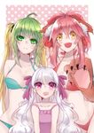  :d ahoge animal_ears atalanta_(fate) bikini blue_bikini blush bow breasts fang fate/apocrypha fate/extra fate/grand_order fate_(series) gloves gradient_hair green_eyes large_breasts long_hair medium_breasts multicolored_hair multiple_girls nursery_rhyme_(fate/extra) one-piece_swimsuit open_mouth paw_gloves paws polka_dot polka_dot_background purple_eyes purple_swimsuit red_bikini red_bow red_hair ribbon shari_(shari07) side_ribbon smile swimsuit tamamo_(fate)_(all) tamamo_cat_(fate) twintails two-tone_hair white_hair yellow_eyes 