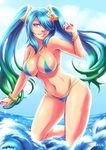  artist_name bikini blue_eyes blue_hair bracelet breasts cleavage flower green_hair hair_flower hair_ornament iahfy jewelry large_breasts league_of_legends multicolored_hair signature solo sona_buvelle swimsuit toned twintails two-tone_hair wading water 