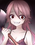  axe bangs bra breasts brown_eyes brown_hair commentary_request crazy_eyes crazy_smile hair_between_eyes highres holding holding_axe lace lace-trimmed_bra large_breasts long_hair looking_at_viewer neit_ni_sei original sharp_teeth solo teeth underwear weapon yandere 