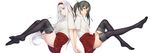  back-to-back black_hair black_legwear breasts hair_ribbon holding_hands interlocked_fingers kantai_collection large_breasts long_hair looking_at_viewer multiple_girls no_shoes red_skirt ribbon rokuwata_tomoe short_sleeves shoukaku_(kantai_collection) simple_background skirt thighhighs twintails white_background white_hair zettai_ryouiki zuikaku_(kantai_collection) 