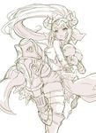  aliza_(granblue_fantasy) breasts china_dress chinese_clothes draph dress granblue_fantasy hair_pulled_back horns large_breasts long_hair monochrome pointy_ears shibano_kaito solo thighhighs 