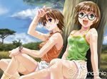  :d arm_up bandaid bandaid_on_knee bangs bare_arms blue_eyes blunt_bangs brown_hair camisole cloud dappled_sunlight day from_side gagraphic glasses grass green_eyes hairband maruto! multiple_girls open_mouth outdoors shading_eyes short_hair shorts sitting sky sleeveless smile socks sunlight teeth tree turtleneck wallpaper watch wristwatch 