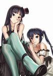  akiyama_mio aqua_legwear bare_shoulders black_eyes black_hair crossed_legs don't_say_&quot;lazy&quot; dress facepaint geister hat high_heels highres k-on! legs long_hair looking_at_viewer mini_hat mini_top_hat multiple_girls nakano_azusa pantyhose shoes sitting smile striped top_hat twintails 