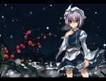  apron blue_dress closed_mouth contrapposto dress expressionless hand_on_own_chest juliet_sleeves letty_whiterock long_sleeves looking_at_viewer puffy_sleeves purple_hair shaded_face shimadoriru short_hair solo standing touhou waist_apron 