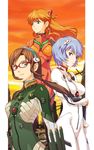  adjusting_hair ayanami_rei blue_eyes blue_hair bodysuit brown_hair glasses green_bodysuit hairband highres long_hair makinami_mari_illustrious multiple_girls neon_genesis_evangelion rebuild_of_evangelion red_eyes red_hair shikinami_asuka_langley short_hair souryuu_asuka_langley sunset twintails usatarou white_bodysuit 