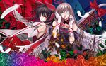  bare_shoulders black_hair blue_eyes bow breasts bridal_gauntlets cradle_(artist) eyepatch feathers flower gloves hair_bow hair_ribbon hakurei_reimu highres long_hair medium_breasts misaki_kurehito mouth_hold multiple_girls red_eyes ribbon rose sideboob touhou wallpaper yakumo_yukari 