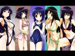  bikini bikini_skirt black_hair blue_hair breasts cleavage column_lineup covered_navel front-tie_top hand_on_hip highleg highleg_bikini jewelry jinki kawamoto_satsuki kousaka_minami large_breasts letterboxed medium_breasts midriff multiple_girls navel necklace one-piece_swimsuit one_eye_closed open_mouth pink_eyes purple_eyes red_eyes school_swimsuit shiva_(jinki) short_hair skin_tight slingshot_swimsuit smile swimsuit tsunashima_shirou tsuzaki_shizuka wallpaper yellow_eyes younger 