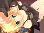  1girl :o artoria_pendragon_(all) bare_shoulders barefoot blonde_hair casual downblouse dutch_angle fate/stay_night fate_(series) green_eyes looking_at_viewer lying on_back parted_lips ribbon saber solo thigh_gap third-party_edit upside-down 