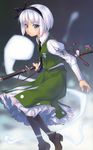  absurdres black_hairband blue_eyes ghost hairband highres katana konpaku_youmu konpaku_youmu_(ghost) pantyhose rokuwata_tomoe short_hair silver_hair solo sword touhou weapon 