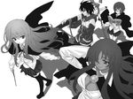  3girls artist_request book breasts cape cleavage dark_skin greyscale highres hiraga_saito kirche_augusta_frederica_von_anhalt_zerbst large_breasts louise_francoise_le_blanc_de_la_valliere monochrome multiple_girls school_uniform staff sword tabitha thighhighs wand weapon zero_no_tsukaima zettai_ryouiki 