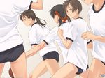  basketball black_hair brown_eyes brown_hair buruma from_behind gagraphic gym_uniform hairband head_out_of_frame kamo_(gafas) looking_back low_twintails multiple_girls original ponytail running short_hair simple_background sport sweat twintails wallpaper 