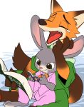  2016 anthro bed book canine carrot clothing digital_media_(artwork) disney duo female flat_colors food fox fur grey_fur judy_hopps lagomorph long_ears male mammal manmosu_marimo nick_wilde open_mouth orange_fur pen rabbit simple_background sitting size_difference tears vegetable white_background yawn zootopia 