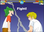  1girl artist_request battle fighting_game green_hair koiwai_yotsuba quad_tails raglan_sleeves yanda yotsubato! 