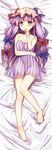  bangs bare_shoulders blue_bow blunt_bangs blush bow crescent crescent_hair_ornament dress full_body hair_bow hair_ornament hat long_hair long_sleeves looking_at_viewer lying md5_mismatch mob_cap on_back patchouli_knowledge purple_dress purple_eyes purple_hair red_bow solo strapless strapless_dress striped striped_dress thighhighs thighhighs_pull touhou ukita_uuko white_legwear 