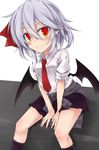  akisome_hatsuka alternate_costume arm_support bat_wings clothes_around_waist contemporary dress_shirt fang_out lavender_hair miniskirt pleated_skirt pointy_ears red_eyes remilia_scarlet shirt sitting sketch skirt smile solo sweater_around_waist touhou uniform wings 