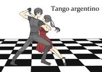  1girl black_gloves black_hair checkered checkered_floor dancing doudanuki_masakuni dress english female_saniwa_(touken_ranbu) gloves high_heels ponytail saniwa_(touken_ranbu) scar smile touken_ranbu tsugumi_(uzurabird) 