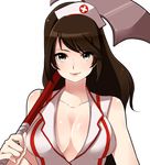  akali alternate_costume bare_shoulders breasts brown_hair cleavage dual_wielding green_eyes hat holding kama_(weapon) kuro-mu large_breasts league_of_legends long_hair looking_at_viewer nurse nurse_akali nurse_cap over_shoulder ponytail sickle smile solo very_long_hair weapon weapon_over_shoulder 