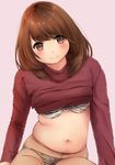  animal_print blush bra brown_eyes brown_hair fat_folds highres looking_at_viewer munimuni_kinoko navel original panties panties_under_pantyhose pantyhose pink_background plump short_hair simple_background smile solo sweater tiger_print undersized_clothes underwear 