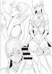  1girl :p alternate_costume amagi_yukiko bar_censor censored cum facial hetero high-cut_armor highres kamishakujii_(poppenheim) kiss monochrome naughty_face non-web_source old_man penis persona persona_4 tongue tongue_out 