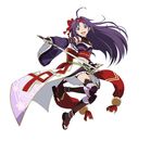  ahoge armpits bike_shorts black_shorts detached_sleeves full_body hair_ribbon highres holding holding_sword holding_weapon japanese_clothes long_hair midriff navel official_art open_mouth purple_hair purple_skirt red_eyes red_ribbon ribbon shorts shorts_under_skirt simple_background skirt smile solo sword sword_art_online sword_art_online:_code_register weapon white_background yuuki_(sao) 