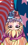  akabashi_yuusuke american_flag_dress american_flag_legwear blonde_hair blush close-up clownpiece hat highres jester_cap looking_at_viewer looking_through_legs neck_ruff open_mouth pantyhose pink_eyes shirt solo star striped striped_legwear touhou upside-down 