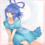  blue_dress blue_eyes blue_hair breasts cleavage collarbone dress drill_hair hair_ornament hair_rings hair_stick kaku_seiga large_breasts looking_at_viewer monrooru open_clothes open_mouth open_vest puffy_short_sleeves puffy_sleeves shawl short_sleeves smile solo touhou vest 