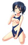  alternate_breast_size bangs bare_arms bare_legs bare_shoulders barefoot black_hair blue_eyes blush breasts collarbone eyebrows_visible_through_hair full_body hair_ribbon hand_up kantai_collection ki_(kk-sk-ray) kneeling looking_at_viewer medium_breasts navel nipples old_school_swimsuit one-piece_swimsuit open_mouth ribbon school_swimsuit shiny shiny_skin short_hair simple_background solo souryuu_(kantai_collection) swimsuit swimsuit_tug torn_clothes torn_swimsuit twintails wavy_mouth white_background white_ribbon 