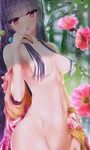  absurdres bamboo bangs black_hair blunt_bangs blurry branch breasts collarbone colored_eyelashes depth_of_field dripping earrings eyebrows eyebrows_visible_through_hair eyelashes finger_to_mouth groin hair_censor hair_over_breasts head_tilt highres holding_branch houraisan_kaguya jewelry leaf lipstick long_hair looking_at_viewer loose_clothes makeup medium_breasts nail_polish navel nude off_shoulder out-of-frame_censoring parted_lips pink_hair pink_nails pinky_out purple_hair red_eyes solo touhou wet wide_sleeves xuanlin_jingshuang 